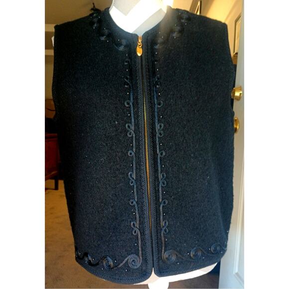 Vtg Lisa International Classic Boiled Wool Zip Vest Black on black trim Medium - Picture 1 of 9